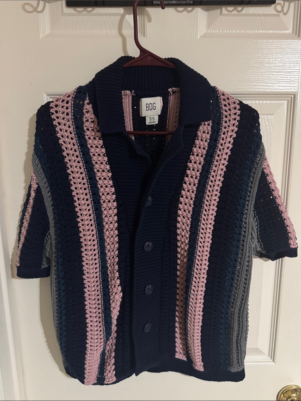 BDG Navy, Pink & Gray Crochet Button Cardigan